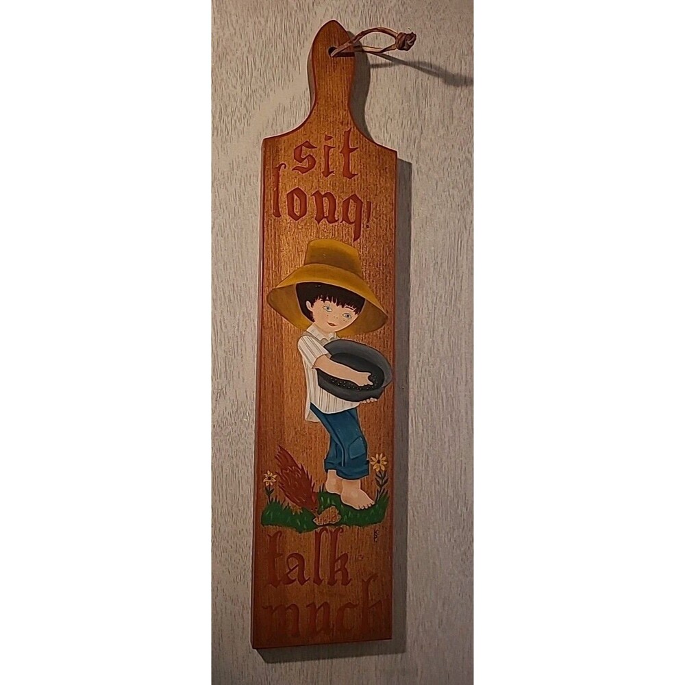 Hand Painted Wood Paddle Folk Art Wall Hanging Vintage Sit Long Talk Much 22"
